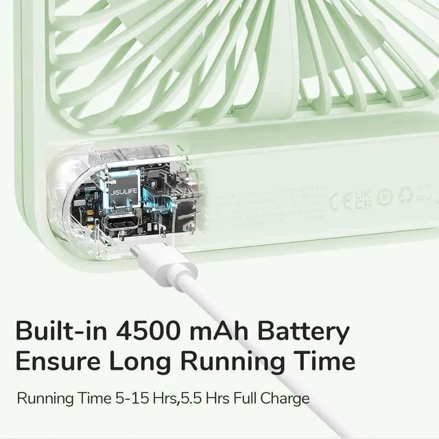 Alt view image 6 of 7 - Desk Fan Battery Rechargeable, 180°Foldable Portable Personal Fan | 4500mAh Long-lasting Battery, 4 Speeds Adjustable for Home Office Travel Outdoor Gifts for Women Men-Green