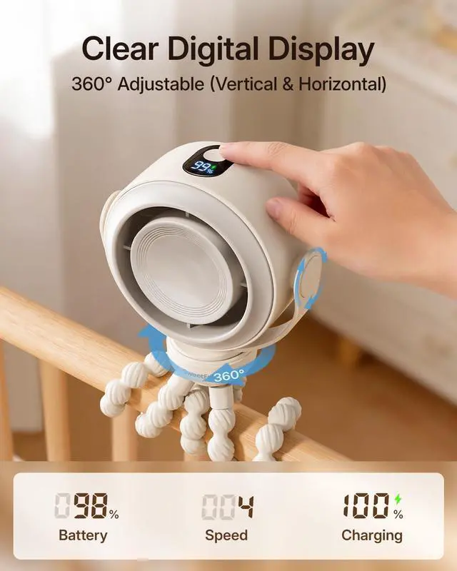 Alt view image 2 of 6 - Portable Stroller Fan, Pinch-Proof Baby Fan - Cream | Wide Turbine Airflow; Safe Design; LED Display; 5-Speed; 30dB Quiet; USB-C Rechargeable; Mini Clip On Fan for Car Seat & Bed