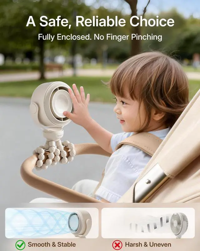 Alt view image 3 of 6 - Portable Stroller Fan, Pinch-Proof Baby Fan - Cream | Wide Turbine Airflow; Safe Design; LED Display; 5-Speed; 30dB Quiet; USB-C Rechargeable; Mini Clip On Fan for Car Seat & Bed
