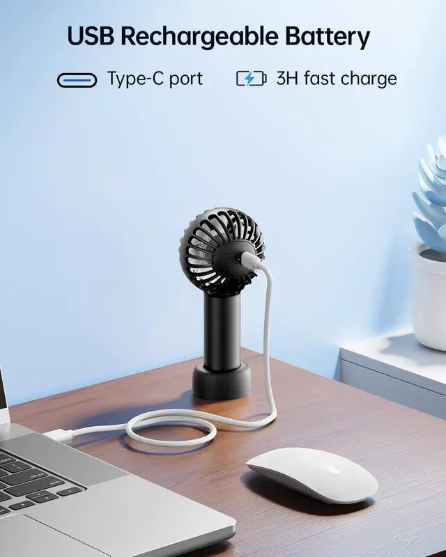 Alt view image 7 of 7 - Mini Portable Fan - Rechargeable Handheld Fan, 3 Speeds Personal Hand Gifts for Travel Essentials, Lash, Makeup, Eyelash, Kids, Girls, Women - USB, Cute Design Black