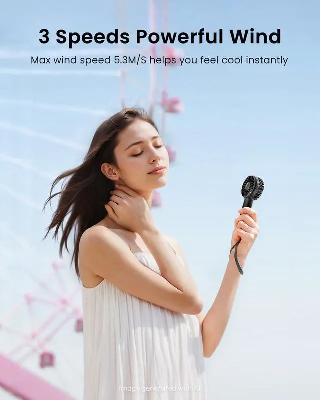Alt view image 2 of 6 - Mini Portable Handheld Fan, Travel Essentials for Women Girl Black | 3 Speed Powerful, Battery Operated, Small USB Rechargeable, 3.3 oz Small Personal Fan for Makeup Eyelash Camping Beach Cruise