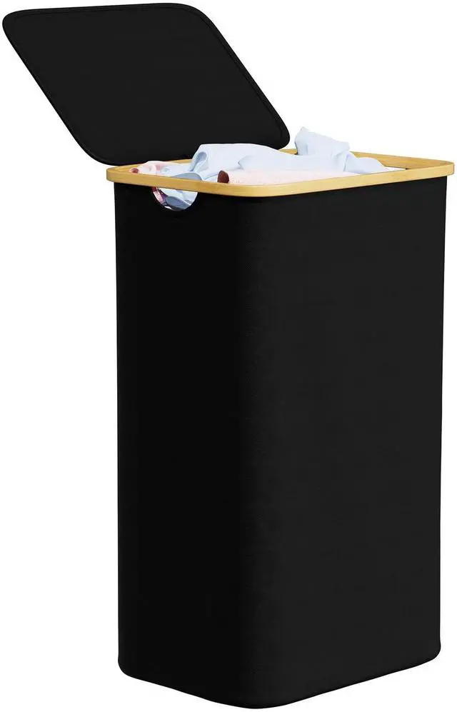 Main image of Laundry Hamper with Lid, 110L Large Tall Clothes Basket Bin with Bamboo Handles, Collapsible Laundry Hamper for Bedroom, Bathroom, Dorm, Laundry Room - Black