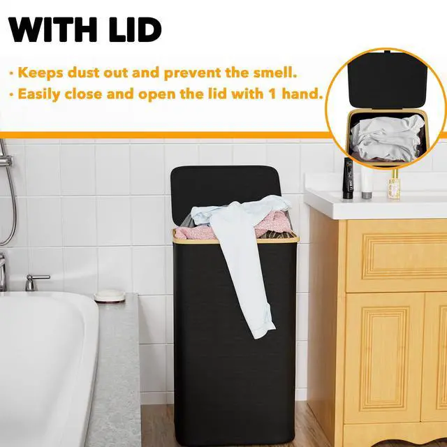 Alt view image 3 of 6 - Laundry Hamper with Lid, 110L Large Tall Clothes Basket Bin with Bamboo Handles, Collapsible Laundry Hamper for Bedroom, Bathroom, Dorm, Laundry Room - Black
