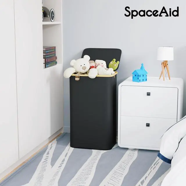 Alt view image 6 of 6 - Laundry Hamper with Lid, 110L Large Tall Clothes Basket Bin with Bamboo Handles, Collapsible Laundry Hamper for Bedroom, Bathroom, Dorm, Laundry Room - Black