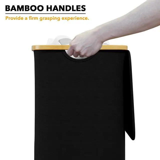 Alt view image 4 of 6 - Laundry Hamper with Lid, 110L Large Tall Clothes Basket Bin with Bamboo Handles, Collapsible Laundry Hamper for Bedroom, Bathroom, Dorm, Laundry Room - Black