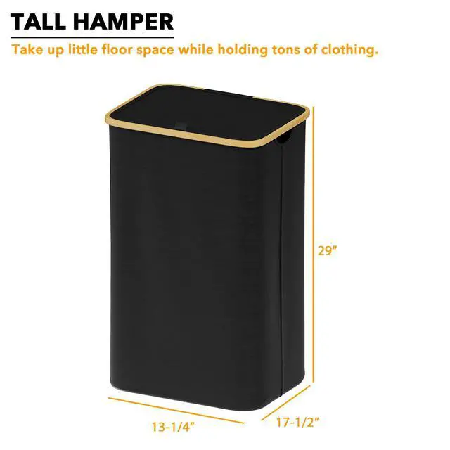 Alt view image 5 of 6 - Laundry Hamper with Lid, 110L Large Tall Clothes Basket Bin with Bamboo Handles, Collapsible Laundry Hamper for Bedroom, Bathroom, Dorm, Laundry Room - Black