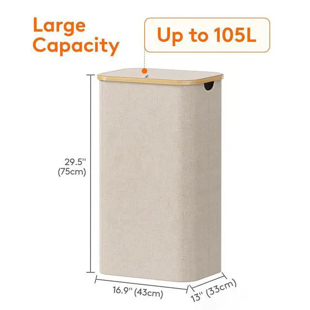 Alt view image 3 of 7 - 105L Laundry Basket with Lid, Clothes Hampers for Laundry with Bamboo Handles and 1 Removable Bag, Large Foldable Laundry Hamper for Bedroom, Bathroom, Dorm, Laundry Room, Beige