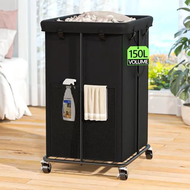 Main image of Laundry Hamper with Wheels, 150L Rolling Laundry Basket with Bag & Handles | Sturdy Metal Frame | Removable Bag | Large & Tall Dirty Clothes Hampers for Laundry Room, Bedroom, Dorm, Bathroom-Black