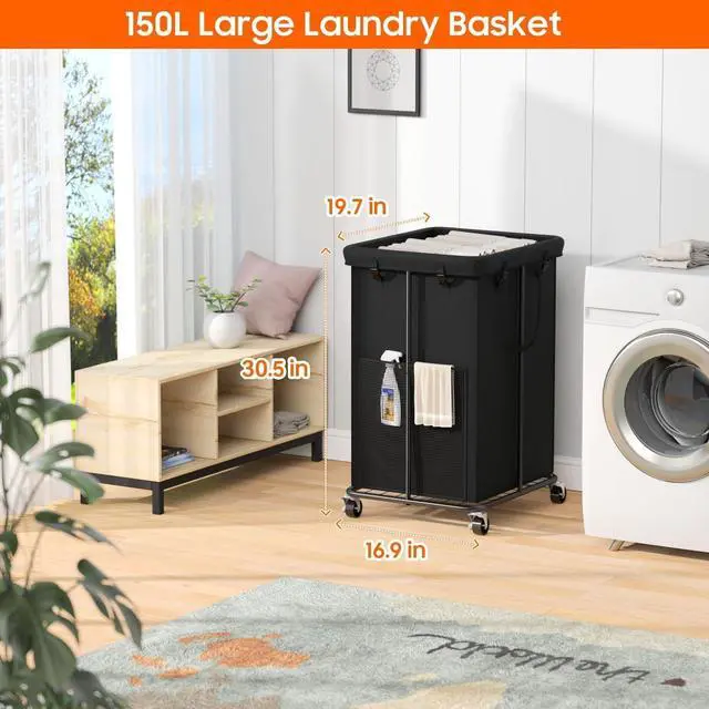 Alt view image 2 of 7 - Laundry Hamper with Wheels, 150L Rolling Laundry Basket with Bag & Handles | Sturdy Metal Frame | Removable Bag | Large & Tall Dirty Clothes Hampers for Laundry Room, Bedroom, Dorm, Bathroom-Black