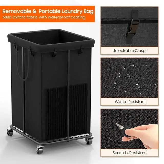 Alt view image 5 of 7 - Laundry Hamper with Wheels, 150L Rolling Laundry Basket with Bag & Handles | Sturdy Metal Frame | Removable Bag | Large & Tall Dirty Clothes Hampers for Laundry Room, Bedroom, Dorm, Bathroom-Black