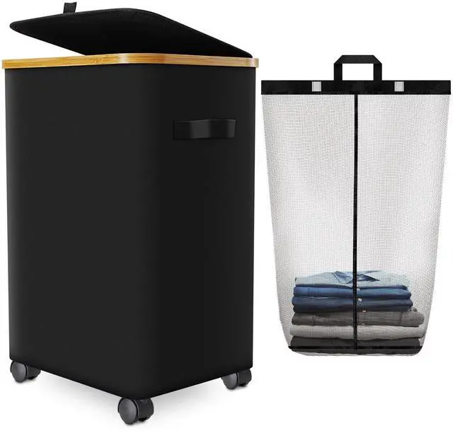 Main image of Laundry Hamper with Wheels,20 Gal (75L) Laundry Basket with lid Rolling Clothes Hamper Foldable Dirty Clothes Basket on wheels with Bamboo Frame and Bag for Bedroom, Dorm, Laundry Room-Black