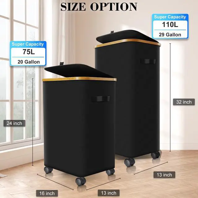 Alt view image 4 of 7 - Laundry Hamper with Wheels,20 Gal (75L) Laundry Basket with lid Rolling Clothes Hamper Foldable Dirty Clothes Basket on wheels with Bamboo Frame and Bag for Bedroom, Dorm, Laundry Room-Black