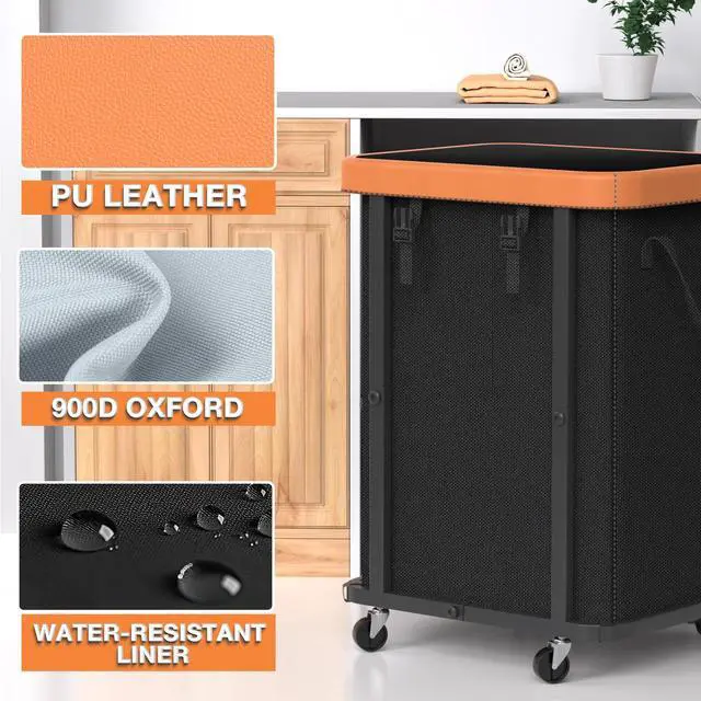 Alt view image 2 of 7 - Laundry Hamper with Wheels,150L Leather Patchwork Clothes Hamper Black | Rolling Laundry Basket with Sturdy Metal Frame, Removable Washable Bag,Tall Clothes Sorter for Bedroom, Laundry Room, Dorm