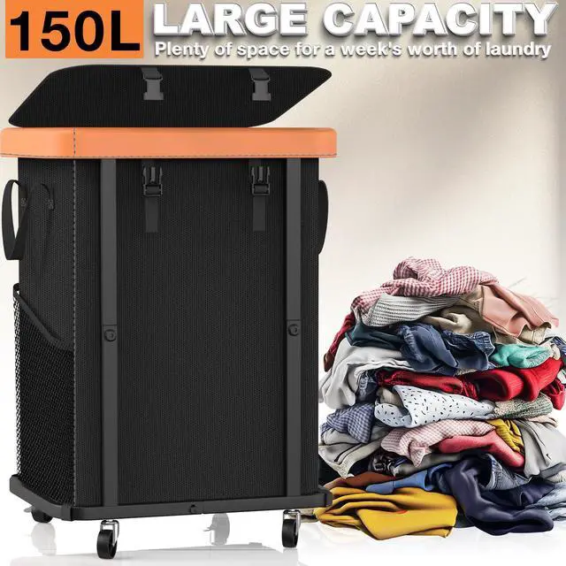 Alt view image 3 of 7 - Laundry Hamper with Wheels,150L Leather Patchwork Clothes Hamper Black | Rolling Laundry Basket with Sturdy Metal Frame, Removable Washable Bag,Tall Clothes Sorter for Bedroom, Laundry Room, Dorm