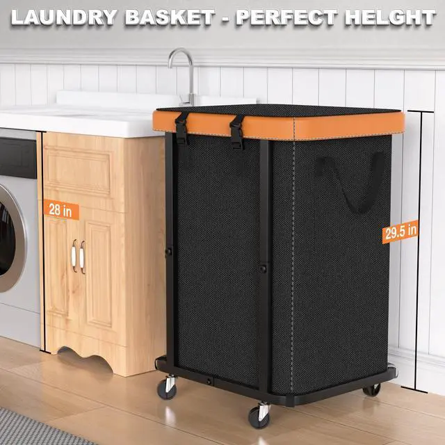 Alt view image 4 of 7 - Laundry Hamper with Wheels,150L Leather Patchwork Clothes Hamper Black | Rolling Laundry Basket with Sturdy Metal Frame, Removable Washable Bag,Tall Clothes Sorter for Bedroom, Laundry Room, Dorm