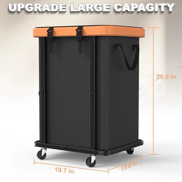 Alt view image 6 of 7 - Laundry Hamper with Wheels,150L Leather Patchwork Clothes Hamper Black | Rolling Laundry Basket with Sturdy Metal Frame, Removable Washable Bag,Tall Clothes Sorter for Bedroom, Laundry Room, Dorm