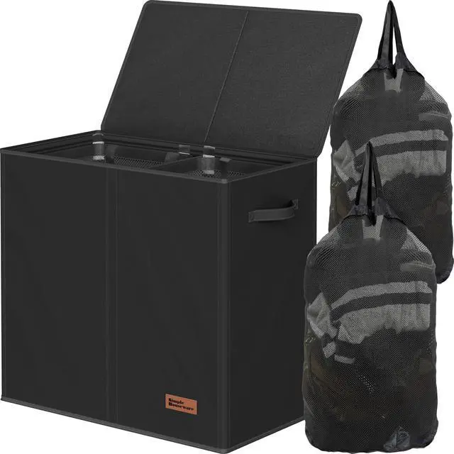 Main image of Double Laundry Hamper with Lid & Removable Bags, Black | Heavy Duty 600D Polyester, Water-Resistant Surface