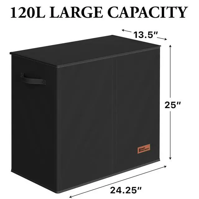Alt view image 2 of 7 - Double Laundry Hamper with Lid & Removable Bags, Black | Heavy Duty 600D Polyester, Water-Resistant Surface