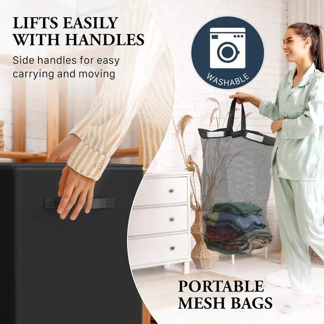 Alt view image 4 of 7 - Double Laundry Hamper with Lid & Removable Bags, Black | Heavy Duty 600D Polyester, Water-Resistant Surface