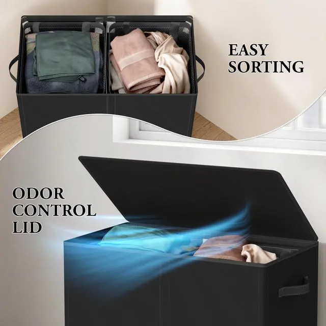 Alt view image 6 of 7 - Double Laundry Hamper with Lid & Removable Bags, Black | Heavy Duty 600D Polyester, Water-Resistant Surface