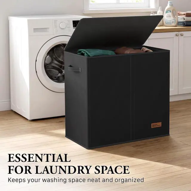 Alt view image 7 of 7 - Double Laundry Hamper with Lid & Removable Bags, Black | Heavy Duty 600D Polyester, Water-Resistant Surface