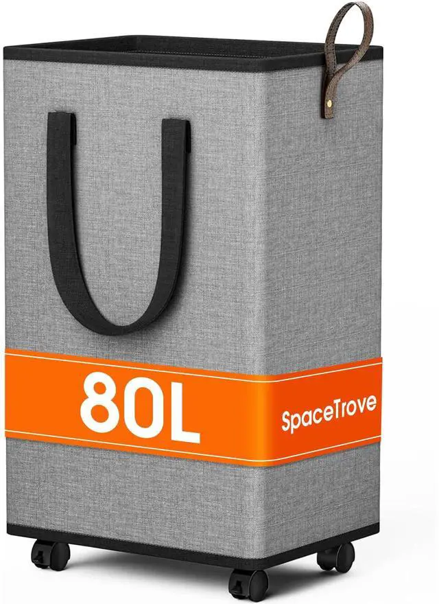 Main image of Rolling Laundry Basket with Wheels, Laundry Hamper, 80L, Grey | Collapsible, 4 detachable wheels including 2 with brakes, sturdy handle, metal frame, for dorms, bathrooms and bedrooms