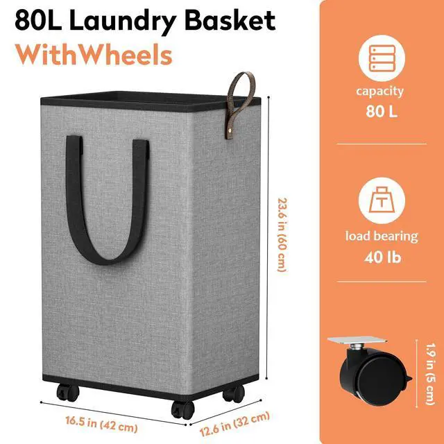Alt view image 2 of 7 - Rolling Laundry Basket with Wheels, Laundry Hamper, 80L, Grey | Collapsible, 4 detachable wheels including 2 with brakes, sturdy handle, metal frame, for dorms, bathrooms and bedrooms