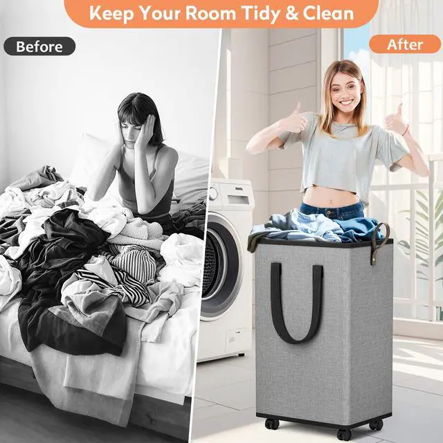 Alt view image 4 of 7 - Rolling Laundry Basket with Wheels, Laundry Hamper, 80L, Grey | Collapsible, 4 detachable wheels including 2 with brakes, sturdy handle, metal frame, for dorms, bathrooms and bedrooms