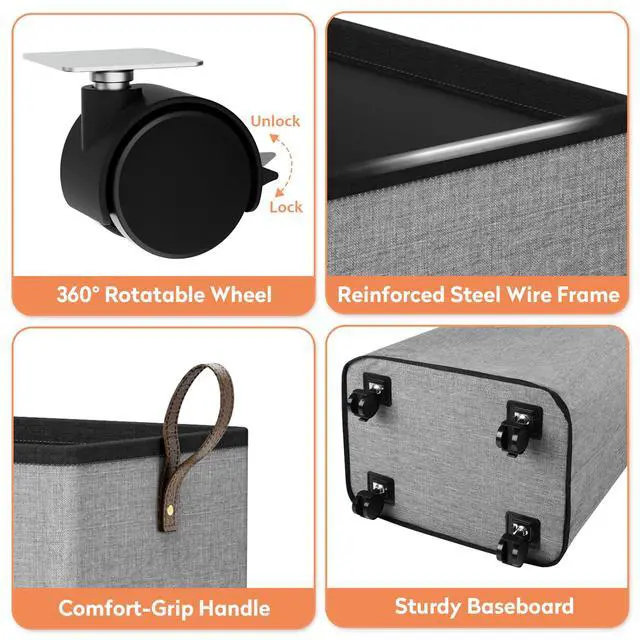 Alt view image 5 of 7 - Rolling Laundry Basket with Wheels, Laundry Hamper, 80L, Grey | Collapsible, 4 detachable wheels including 2 with brakes, sturdy handle, metal frame, for dorms, bathrooms and bedrooms
