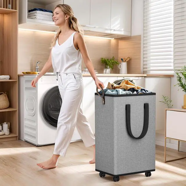 Alt view image 6 of 7 - Rolling Laundry Basket with Wheels, Laundry Hamper, 80L, Grey | Collapsible, 4 detachable wheels including 2 with brakes, sturdy handle, metal frame, for dorms, bathrooms and bedrooms
