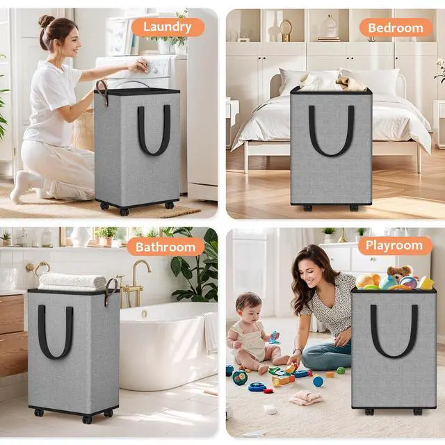 Alt view image 7 of 7 - Rolling Laundry Basket with Wheels, Laundry Hamper, 80L, Grey | Collapsible, 4 detachable wheels including 2 with brakes, sturdy handle, metal frame, for dorms, bathrooms and bedrooms