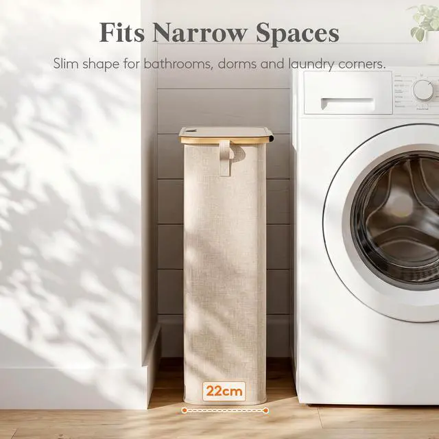 Alt view image 2 of 7 - 65L Slim Laundry Hamper with Lid and Removable Bag, Beige | Bamboo Handles, Foldable Narrow Laundry Baskets, Thin Laundry Bin, Dirty Clothes Hamper for Laundry, Bathroom, Bedroom, Dorm