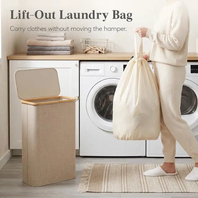 Alt view image 3 of 7 - 65L Slim Laundry Hamper with Lid and Removable Bag, Beige | Bamboo Handles, Foldable Narrow Laundry Baskets, Thin Laundry Bin, Dirty Clothes Hamper for Laundry, Bathroom, Bedroom, Dorm