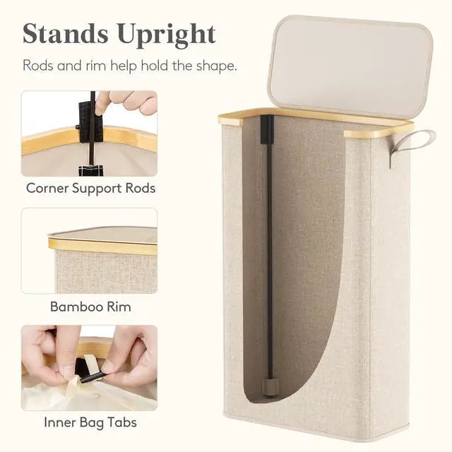 Alt view image 4 of 7 - 65L Slim Laundry Hamper with Lid and Removable Bag, Beige | Bamboo Handles, Foldable Narrow Laundry Baskets, Thin Laundry Bin, Dirty Clothes Hamper for Laundry, Bathroom, Bedroom, Dorm