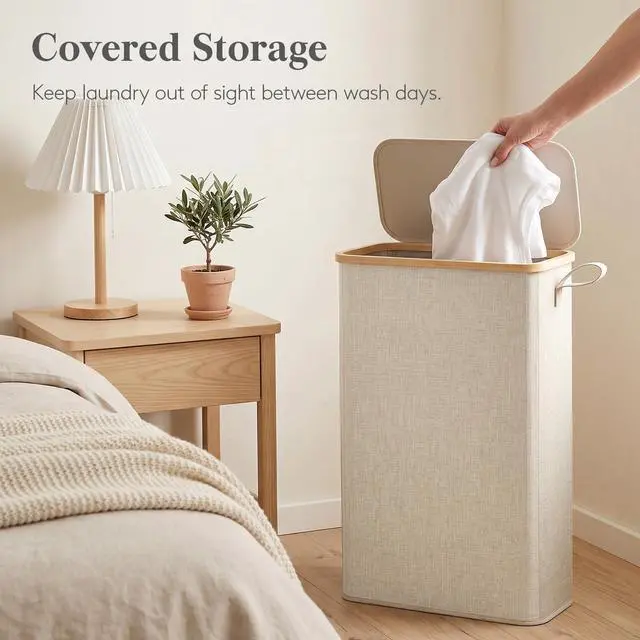 Alt view image 5 of 7 - 65L Slim Laundry Hamper with Lid and Removable Bag, Beige | Bamboo Handles, Foldable Narrow Laundry Baskets, Thin Laundry Bin, Dirty Clothes Hamper for Laundry, Bathroom, Bedroom, Dorm