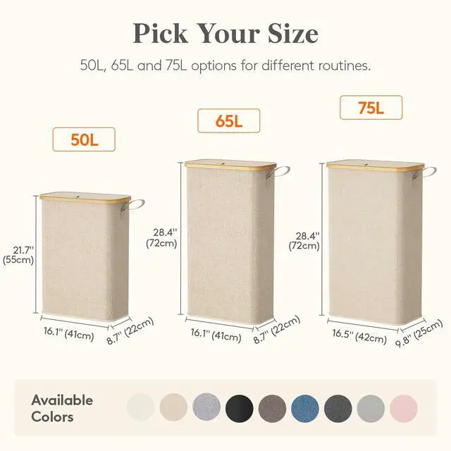 Alt view image 6 of 7 - 65L Slim Laundry Hamper with Lid and Removable Bag, Beige | Bamboo Handles, Foldable Narrow Laundry Baskets, Thin Laundry Bin, Dirty Clothes Hamper for Laundry, Bathroom, Bedroom, Dorm