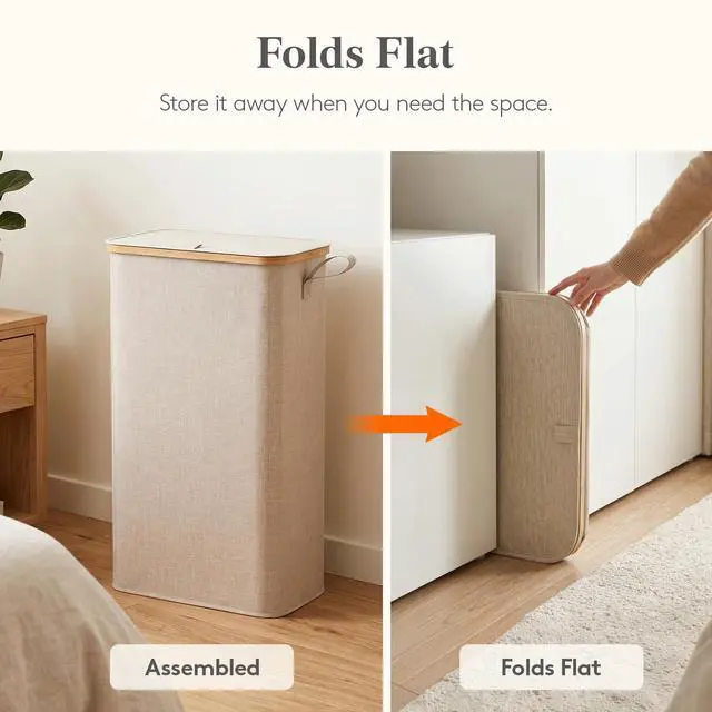 Alt view image 7 of 7 - 65L Slim Laundry Hamper with Lid and Removable Bag, Beige | Bamboo Handles, Foldable Narrow Laundry Baskets, Thin Laundry Bin, Dirty Clothes Hamper for Laundry, Bathroom, Bedroom, Dorm