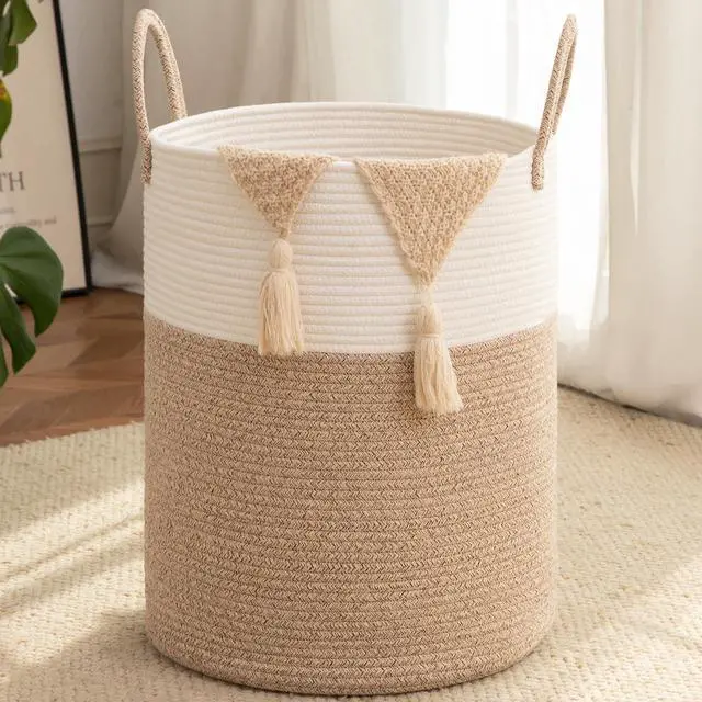 Main image of 60L Nursery Hamper Laundry Basket Laundry Hamper Brown/White | collapsible Blanket Basket Cotton Rope Woven Basket Dirty Clothes Hamper Baby Hamper Tall Clothes Hamper with Handles