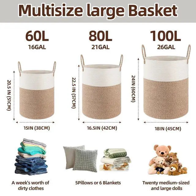 Alt view image 2 of 7 - 60L Nursery Hamper Laundry Basket Laundry Hamper Brown/White | collapsible Blanket Basket Cotton Rope Woven Basket Dirty Clothes Hamper Baby Hamper Tall Clothes Hamper with Handles