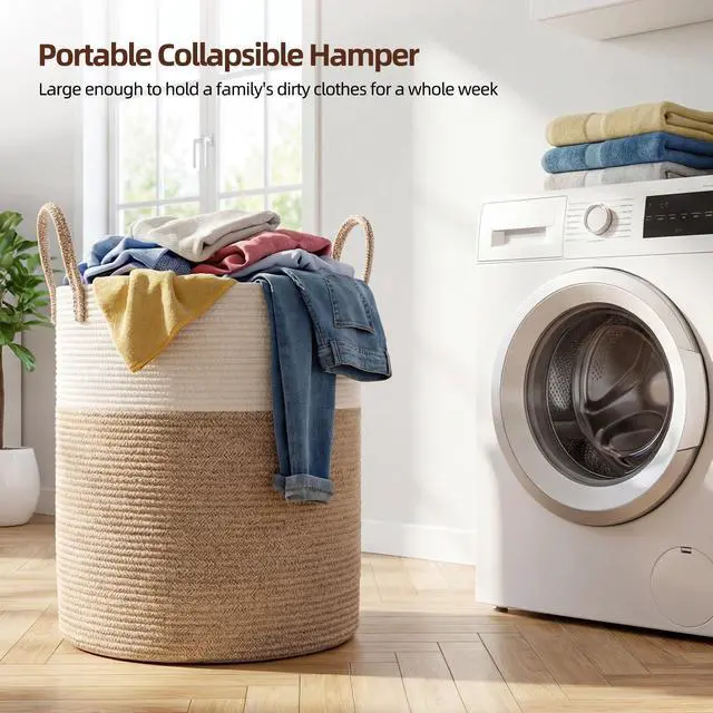 Alt view image 3 of 7 - 60L Nursery Hamper Laundry Basket Laundry Hamper Brown/White | collapsible Blanket Basket Cotton Rope Woven Basket Dirty Clothes Hamper Baby Hamper Tall Clothes Hamper with Handles