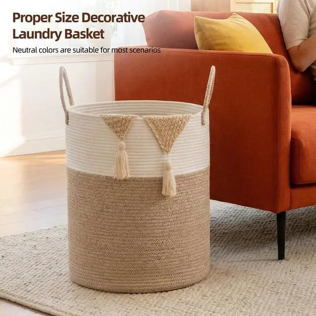 Alt view image 4 of 7 - 60L Nursery Hamper Laundry Basket Laundry Hamper Brown/White | collapsible Blanket Basket Cotton Rope Woven Basket Dirty Clothes Hamper Baby Hamper Tall Clothes Hamper with Handles