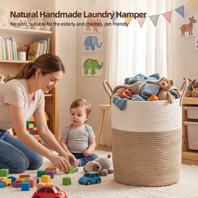 Alt view image 5 of 7 - 60L Nursery Hamper Laundry Basket Laundry Hamper Brown/White | collapsible Blanket Basket Cotton Rope Woven Basket Dirty Clothes Hamper Baby Hamper Tall Clothes Hamper with Handles