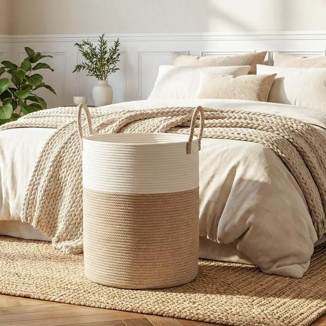 Alt view image 6 of 7 - 60L Nursery Hamper Laundry Basket Laundry Hamper Brown/White | collapsible Blanket Basket Cotton Rope Woven Basket Dirty Clothes Hamper Baby Hamper Tall Clothes Hamper with Handles