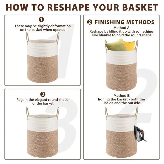 Alt view image 7 of 7 - 60L Nursery Hamper Laundry Basket Laundry Hamper Brown/White | collapsible Blanket Basket Cotton Rope Woven Basket Dirty Clothes Hamper Baby Hamper Tall Clothes Hamper with Handles