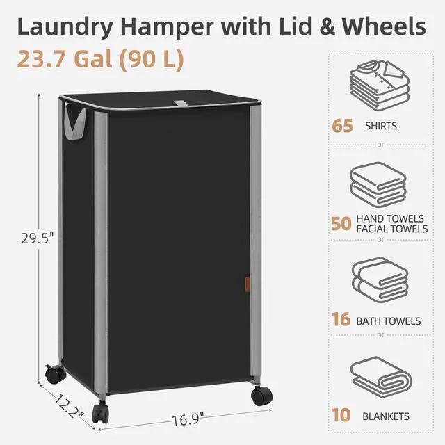 Alt view image 3 of 7 - Rolling Laundry Hamper with Lid, 23.7 Gal (90 L) Large Tall Laundry Basket with Wheels & Handles, Aesthetic Dirty Clothes Hamper for Small Space, Dorm, Apartment, College, Black
