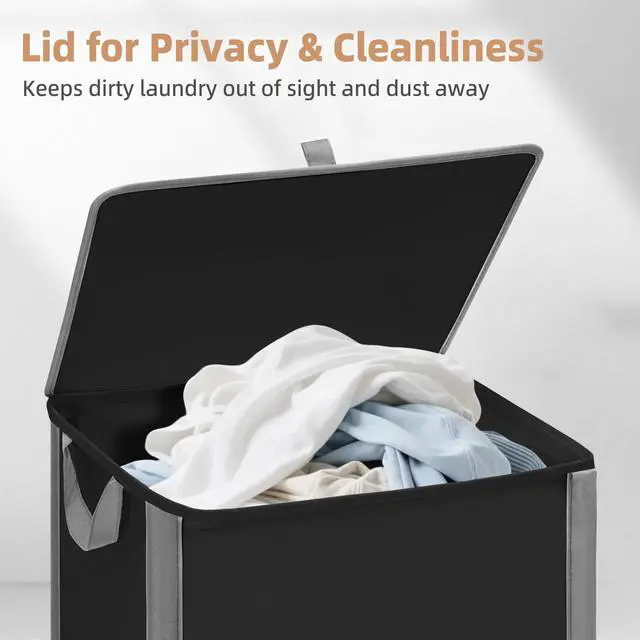 Alt view image 4 of 7 - Rolling Laundry Hamper with Lid, 23.7 Gal (90 L) Large Tall Laundry Basket with Wheels & Handles, Aesthetic Dirty Clothes Hamper for Small Space, Dorm, Apartment, College, Black