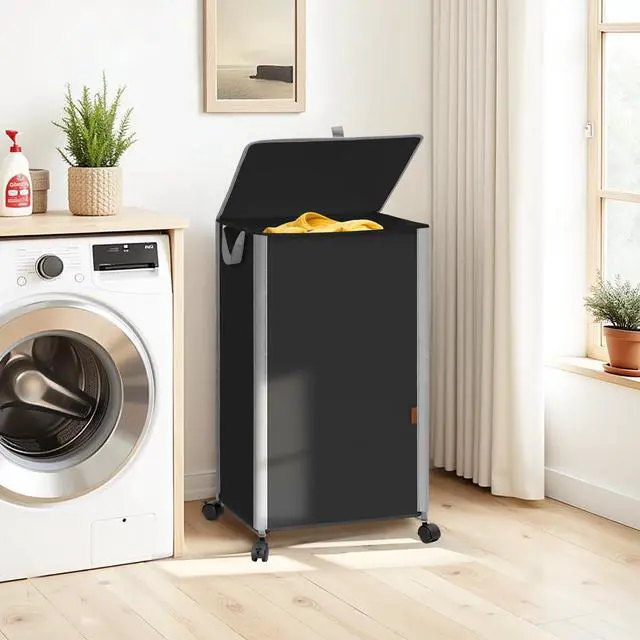 Alt view image 6 of 7 - Rolling Laundry Hamper with Lid, 23.7 Gal (90 L) Large Tall Laundry Basket with Wheels & Handles, Aesthetic Dirty Clothes Hamper for Small Space, Dorm, Apartment, College, Black