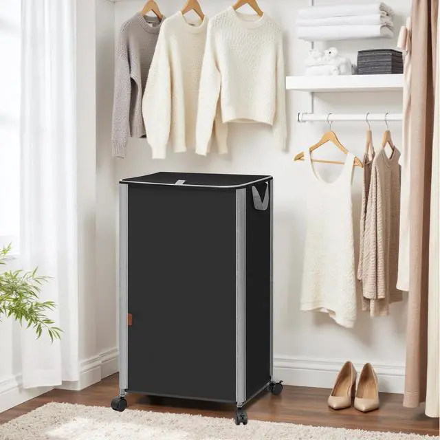 Alt view image 7 of 7 - Rolling Laundry Hamper with Lid, 23.7 Gal (90 L) Large Tall Laundry Basket with Wheels & Handles, Aesthetic Dirty Clothes Hamper for Small Space, Dorm, Apartment, College, Black