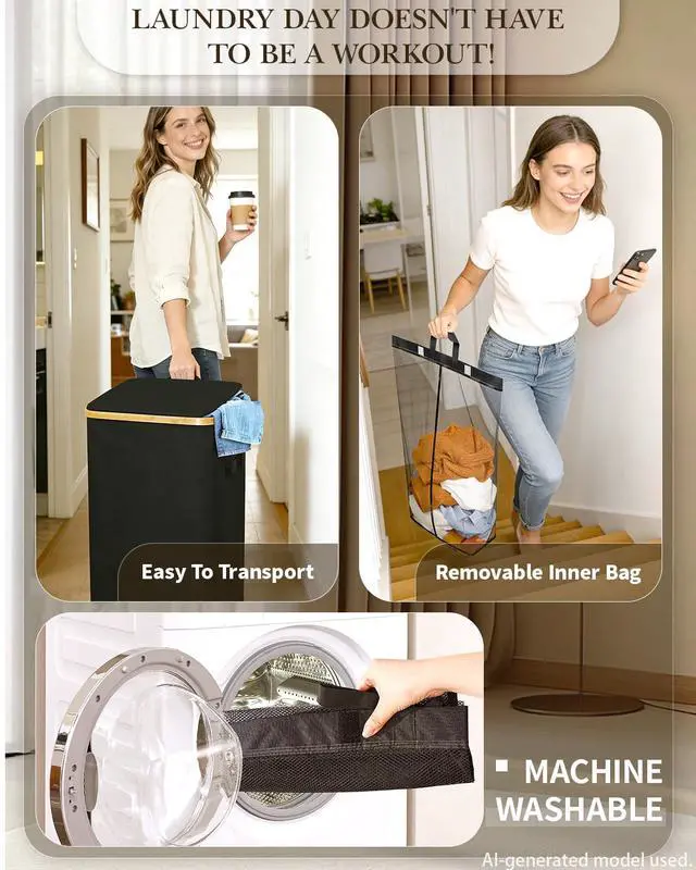 Alt view image 4 of 7 - Laundry Basket with Wheels, 110L Large Rolling Laundry Hamper for Dorm | Clothes Hampers for Laundry with Inner Bag, Collapsible Dirty Clothes Hamper for Bedroom, Bathroom, Laundry Room