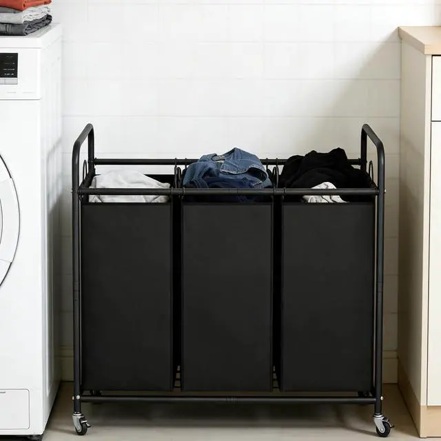 Alt view image 2 of 7 - 3 Section Laundry Hamper, Black Laundry Basket 135L Laundry Sorter | Laundry Room Organization with Heavy Duty Rolling Lockable Wheels and Removable Bag, Bedroom Laundry Cart for Clothes Storage